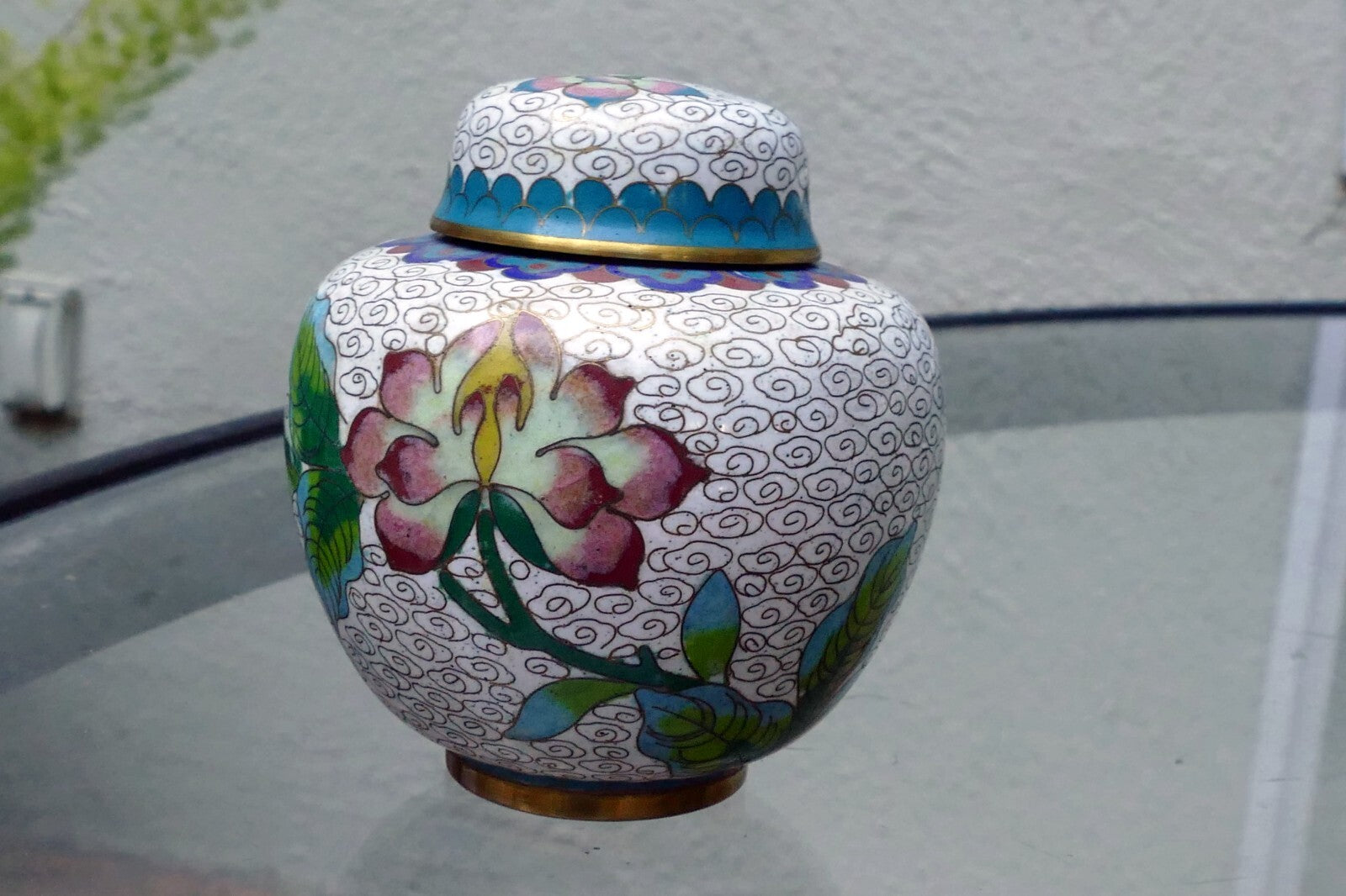 Cloisonne Ginger Jar with top lid enamel brass 3X3.5" small