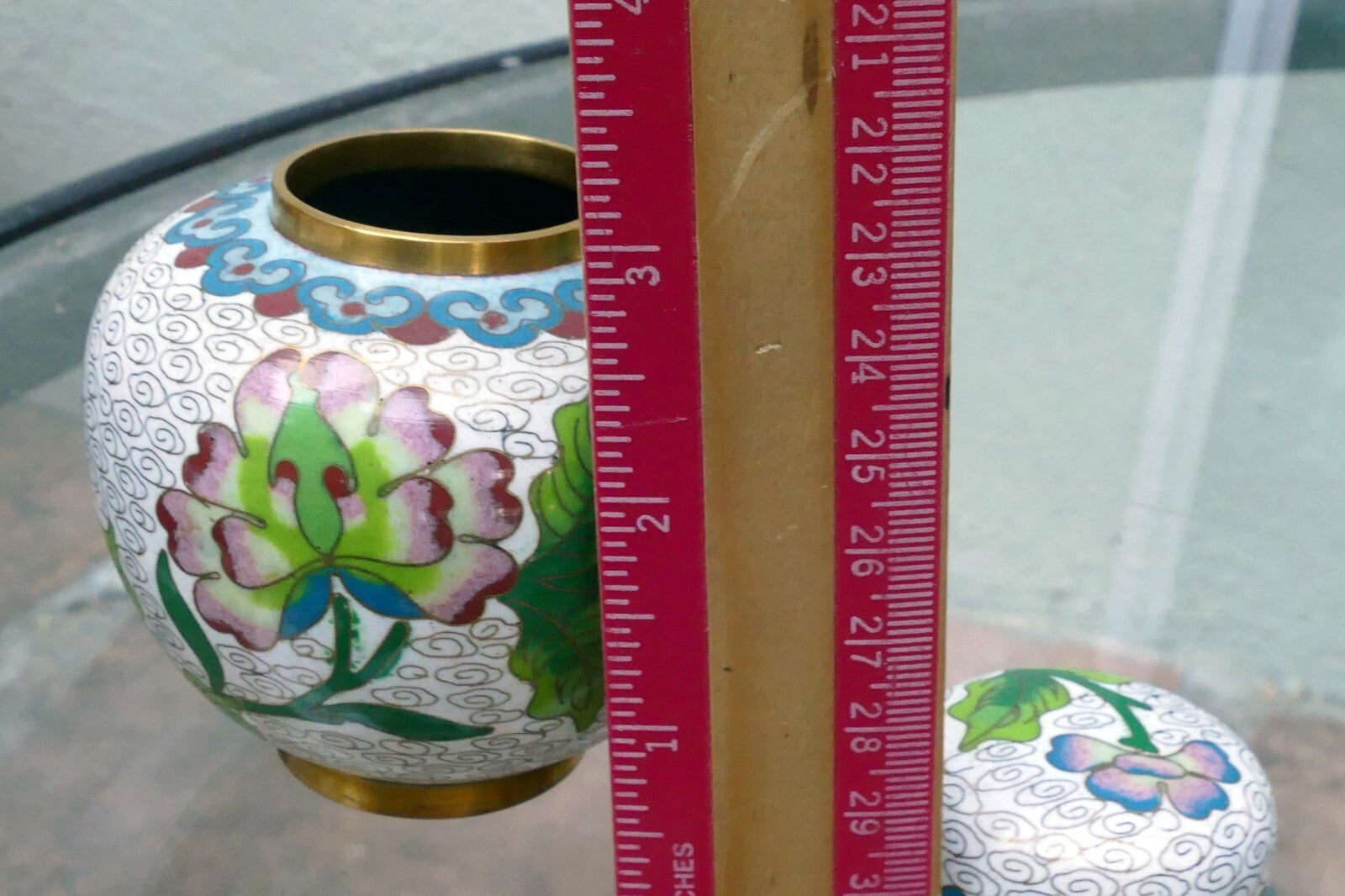 Cloisonne Ginger Jar with top lid enamel brass 3X3.5" small