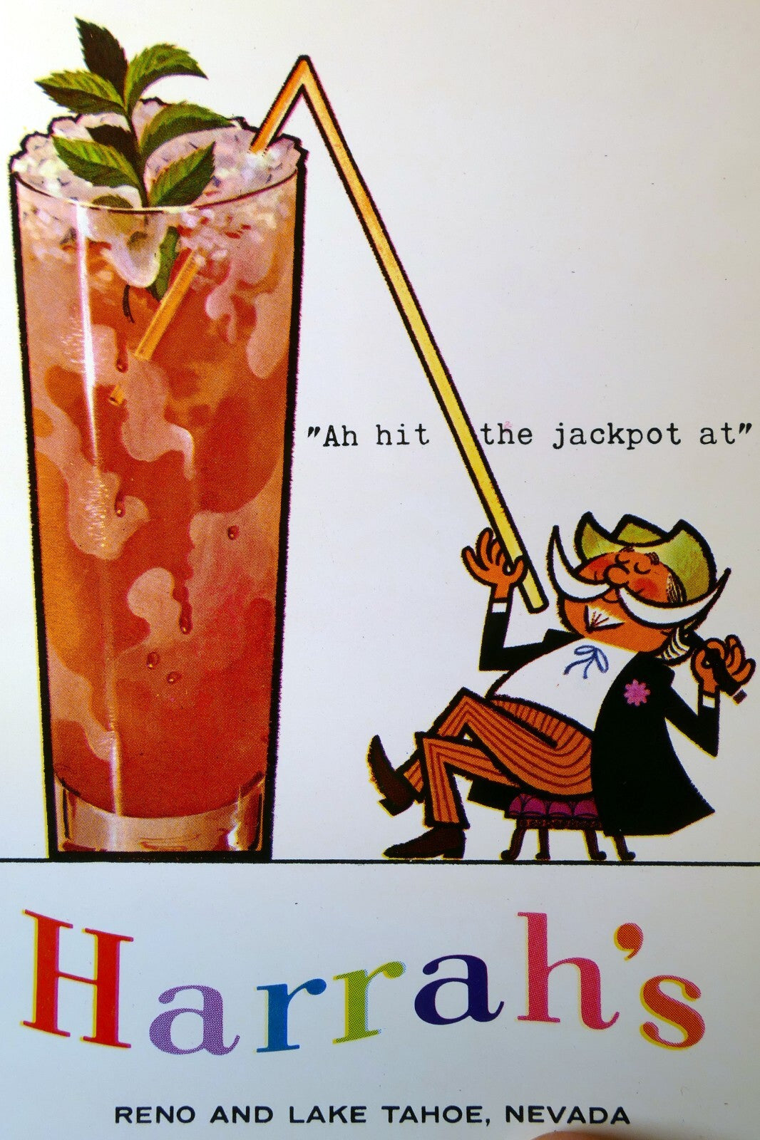 I hit the jackpot at harrah's reno lake tahoe 1960's postcard casino reno nevada