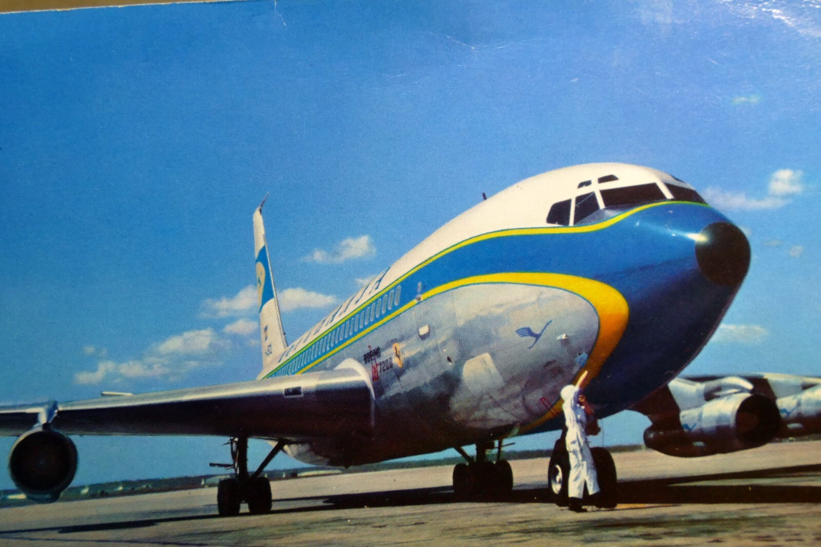 Lufthansa 720 b boeing airlines airplane blue sky parked postcard unposted 1970'