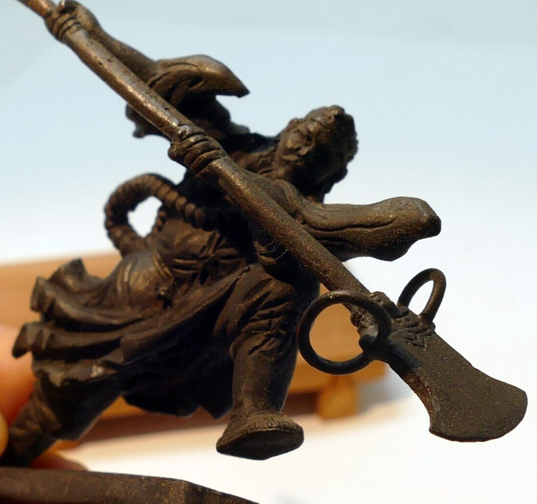 Chinese bronze statue warrior with spear scroll paper weight ming miniature 3"