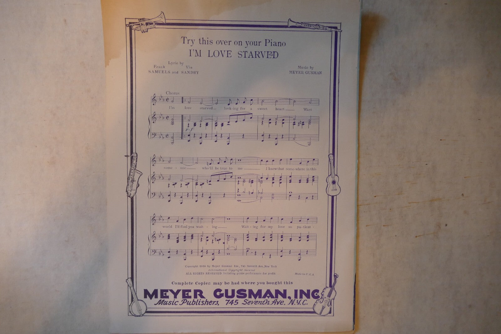 Just To Be With You To-Night 1930, by Meyer Gusman, Frank Samuels and Vin Sandry