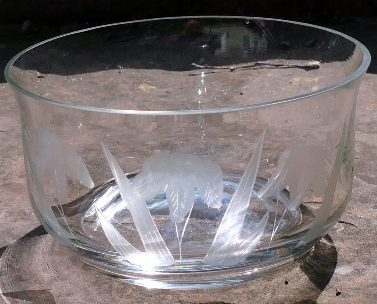 Glass bowl crystal clear lilies etched frosted 6.5" floral design depression