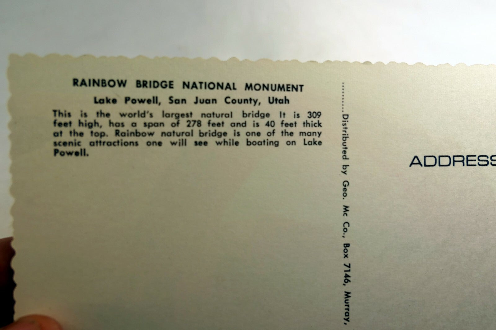Rainbow Bridge national Monument Postcard Utah 1950's vintage USA