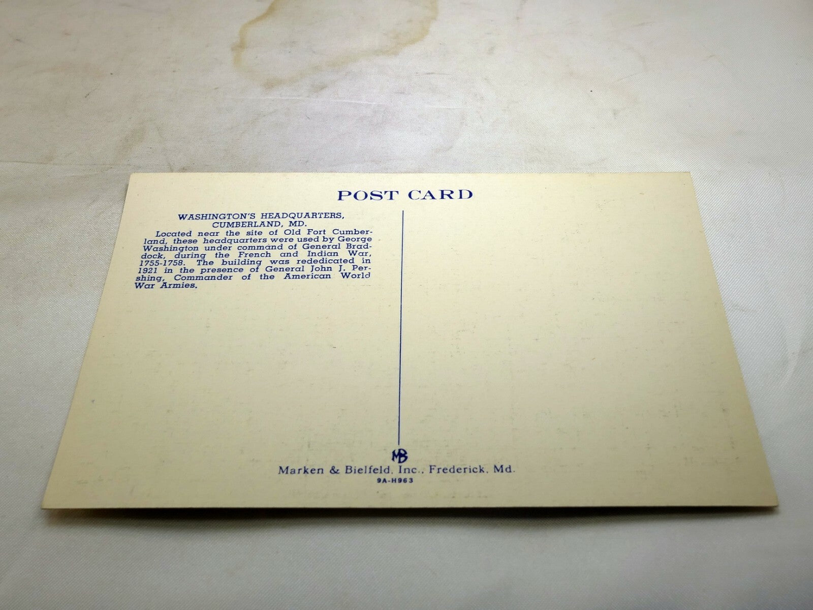 Post Card 1940's Washington's Headquarters Cumberland MD unposted