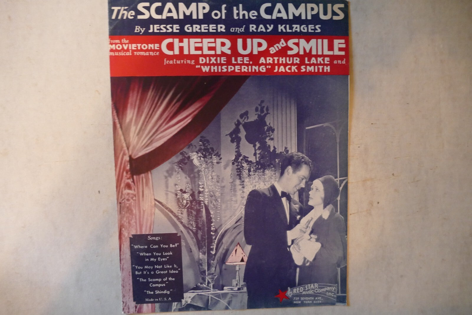 The scamp of the campus, sheet music 1930, "cheer up and smile", by jesse greer, ray klages