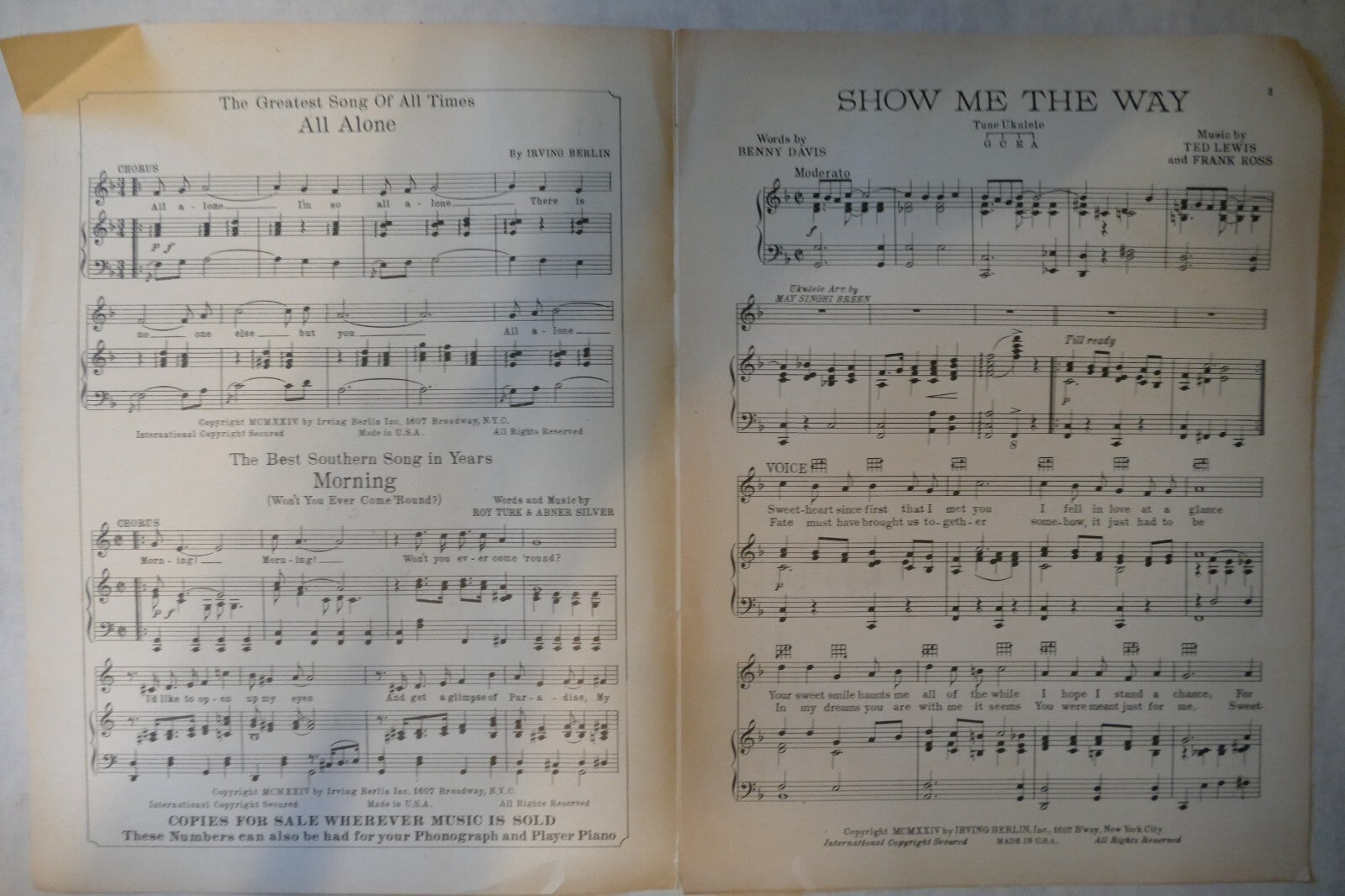 Show Me The Way, 1924, by Benny Davis, Ted Lewis, Frank Ross, Irving Berlin Inc.