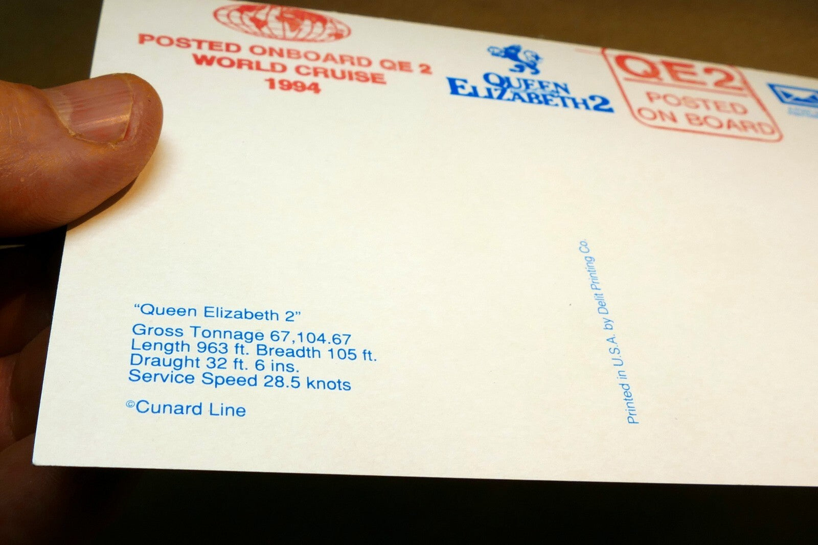 World Cruise Queen Elizabeth 2  1980's Postcard 1994