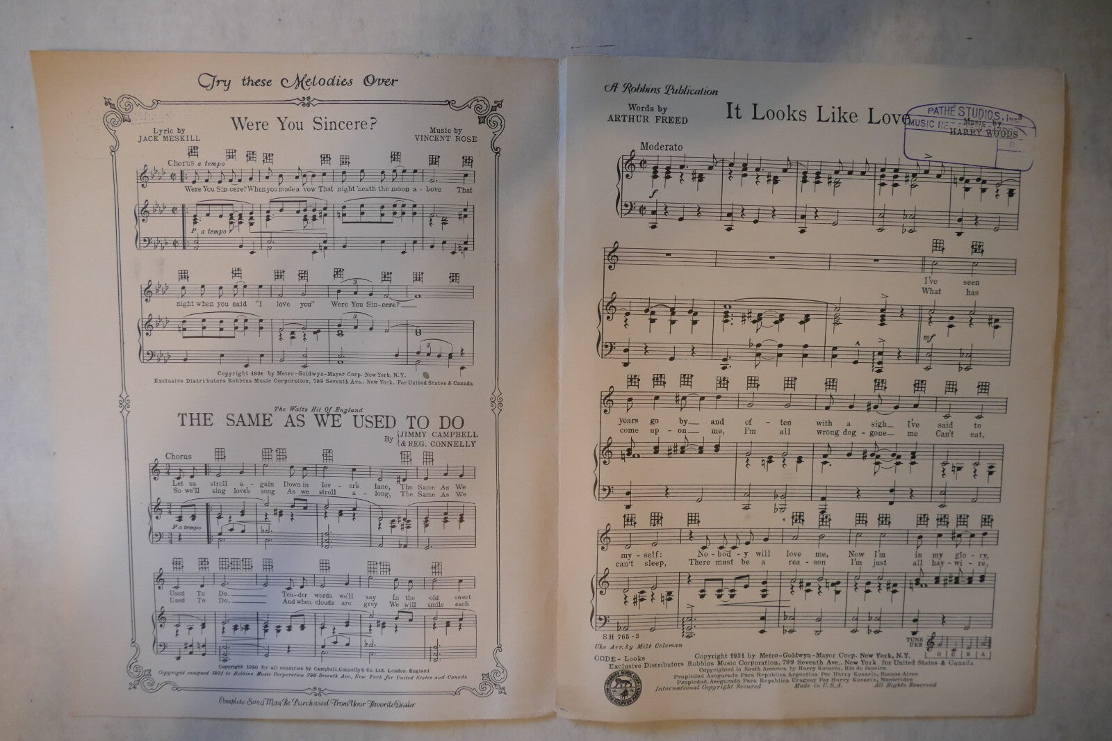 It Looks Like Love, 1931, by Arthur Freed and Harry Woods, Robbins Music Co.