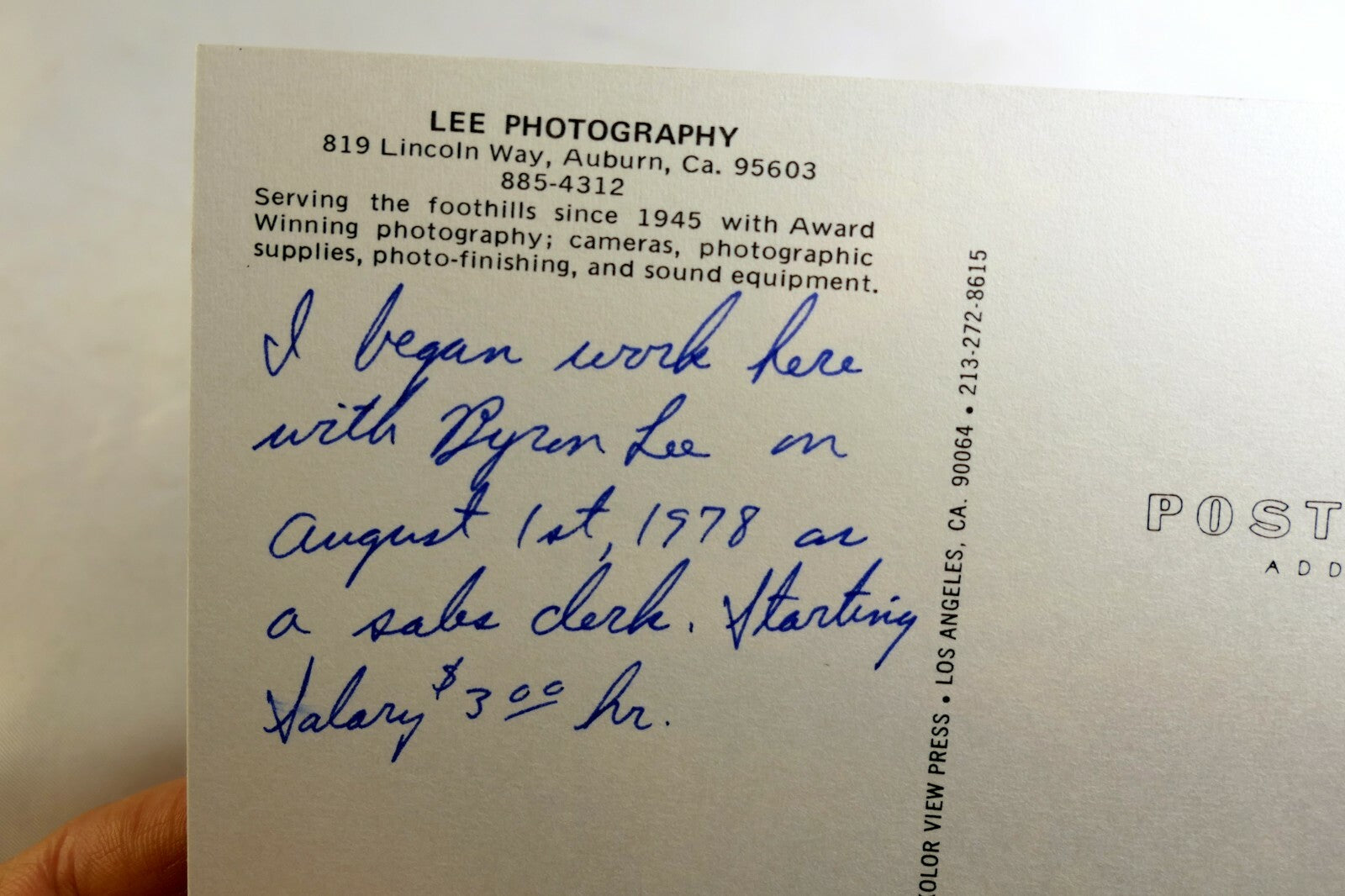 Lee Photography Portraits Supplies Auburn California USA Postcard vintage 1970's