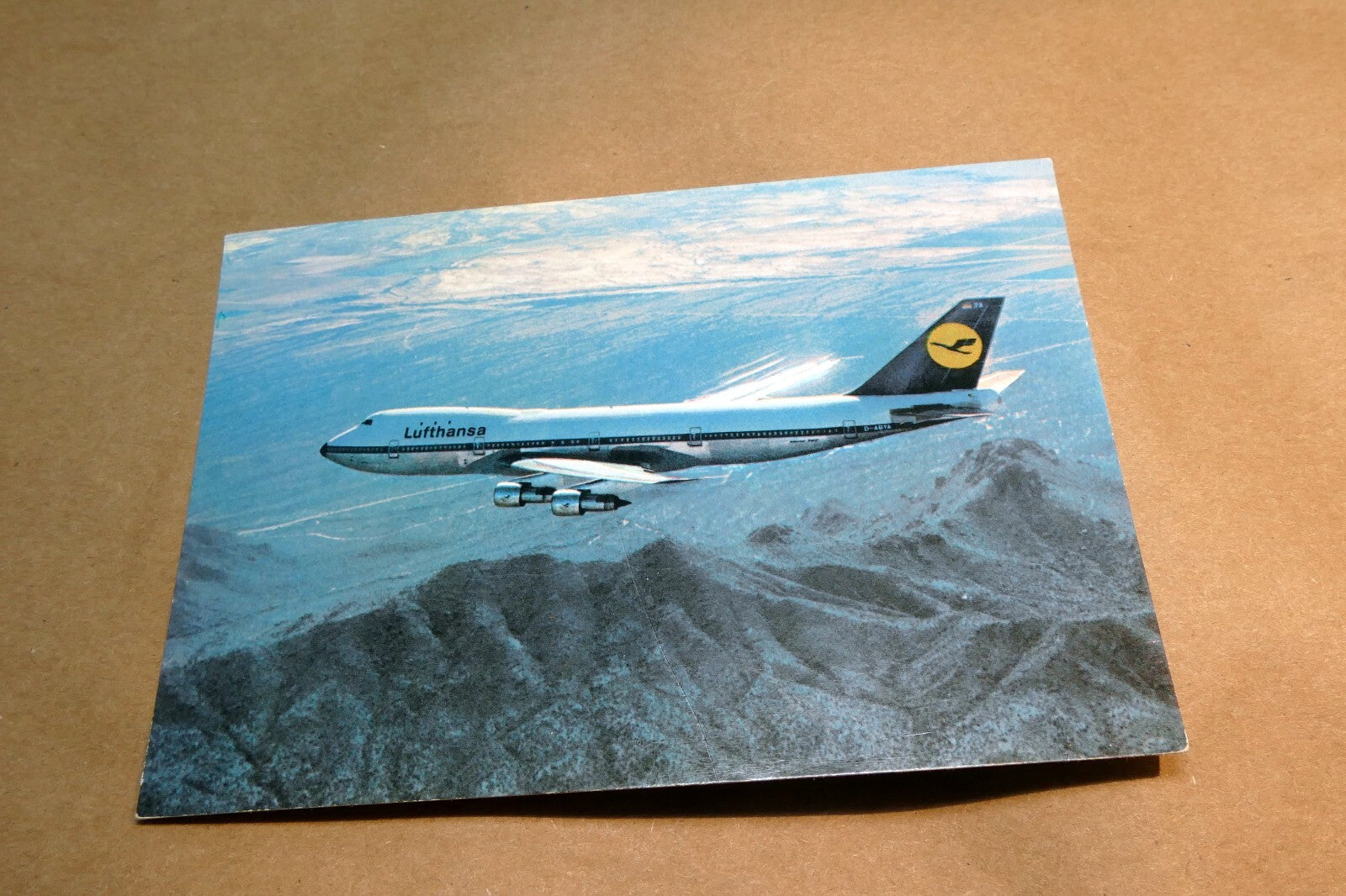 Lufthansa 747 Logo Airlines Airplane Blue Sky flying  Postcard Unposted