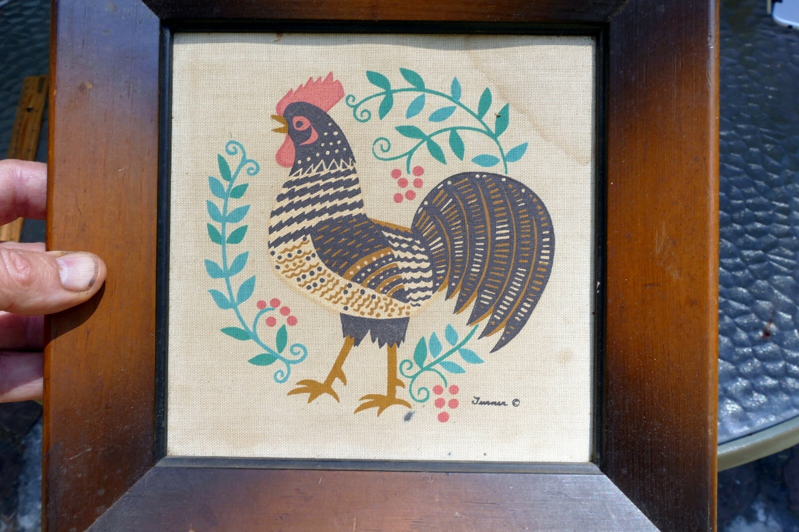 Set of two Rooster On Cloth Wood Framed Turner Co 1970 Home decor picture bird