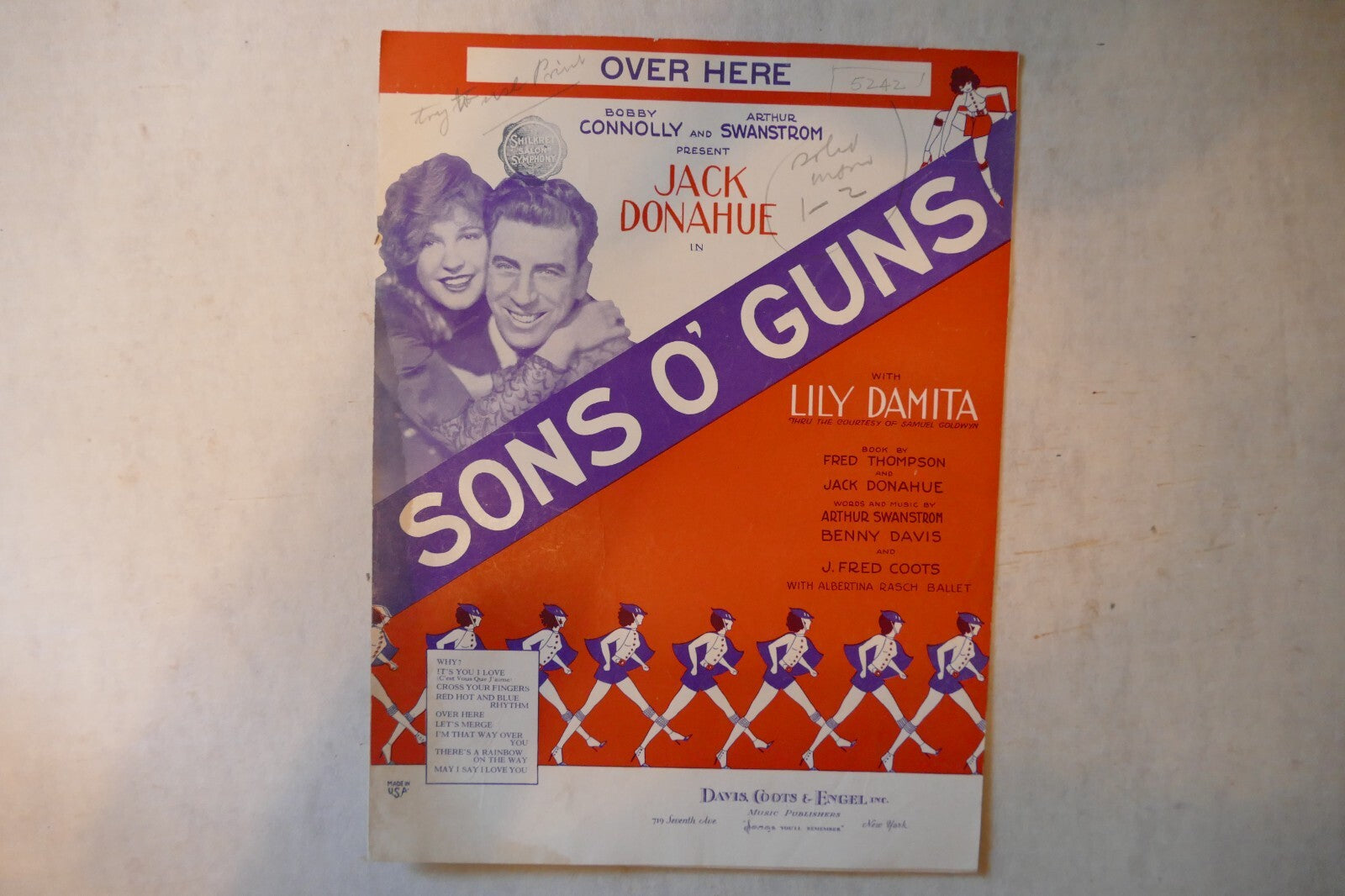 Over here, sheet music 1929, "sons o' guns", by arthur swanstrom, benny davis, j. fred coots