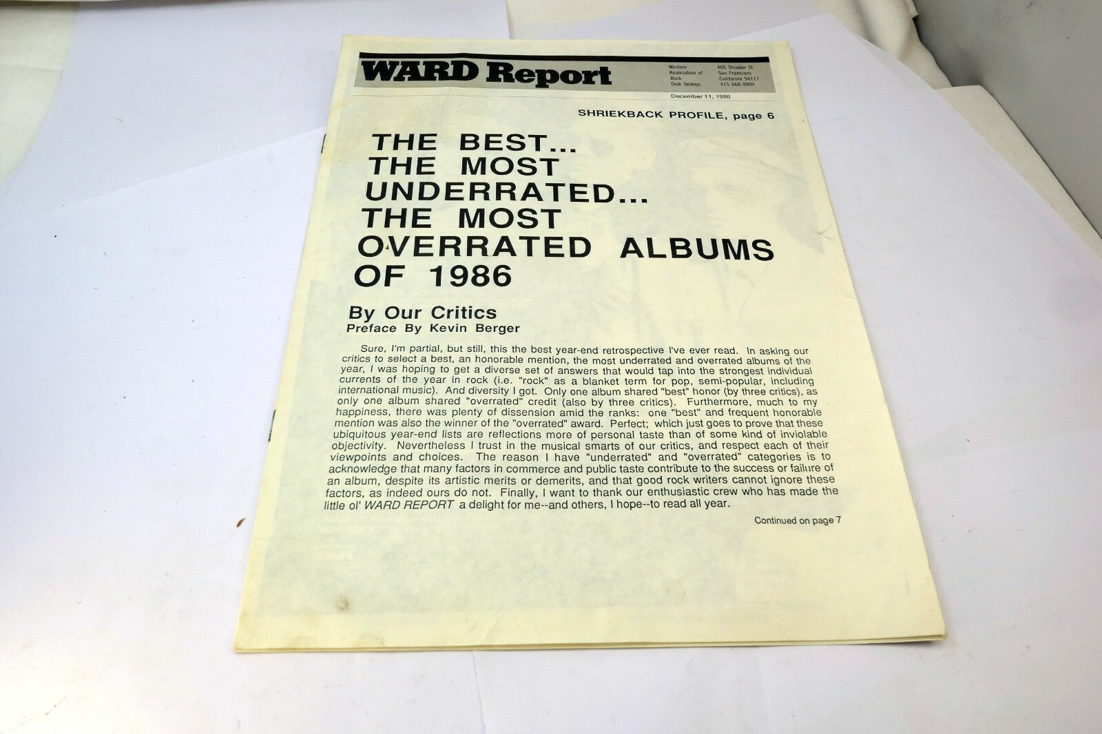 Ward Report December 1986 Best Underrated Albums Progressive Radio Rock Charts
