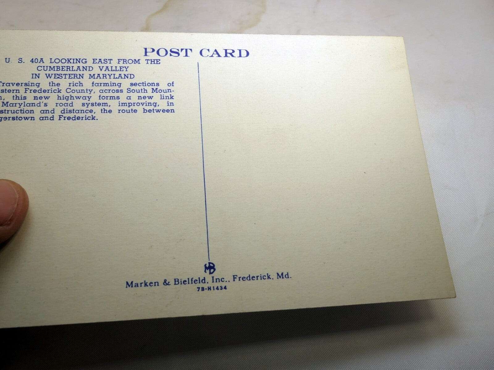 Post Card 1940's Lookout East Cumberland Valley Western Maryland