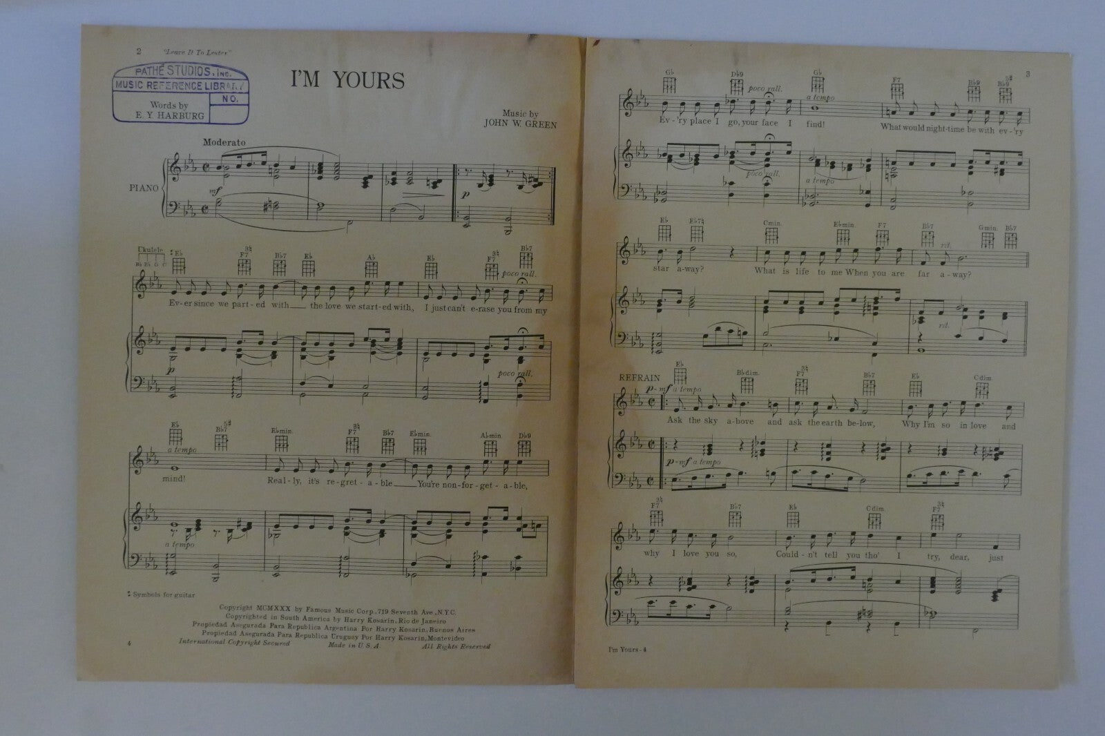 I'm Yours, 1930, from "Leave It To Lester" by John W. Green and E. Y. Harburg,