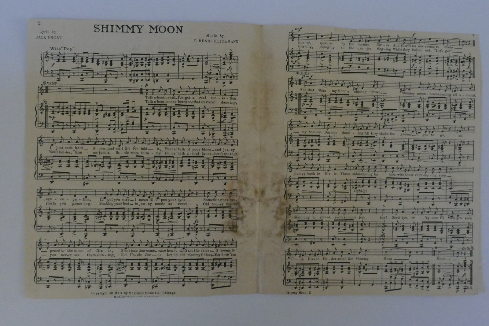 Shimmy Moon, 1920, by Jack Frost and F. Henri Klickmann, McKinley Music Co.