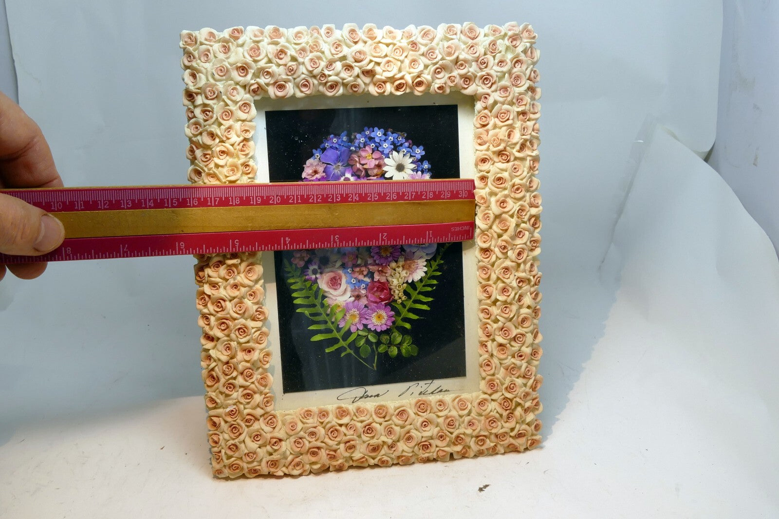 7" x 5" Picture Photo Frame Ceramic 3D Gold Rose 🌹🥀 Vintage pink tone