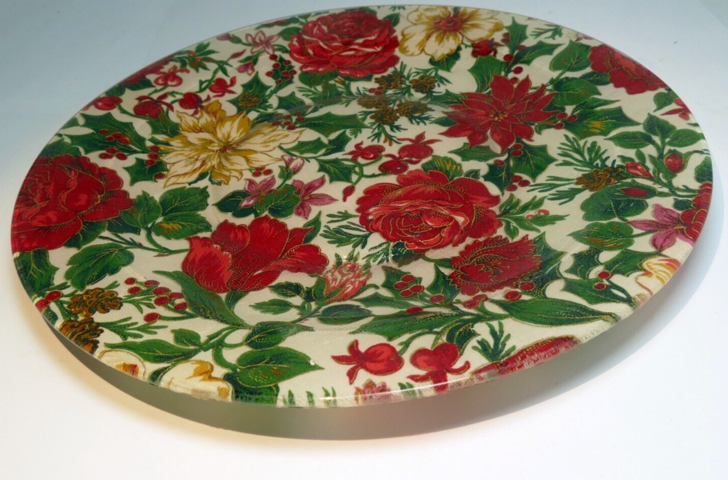 Glass plate antique flowers gold red 10" roses red