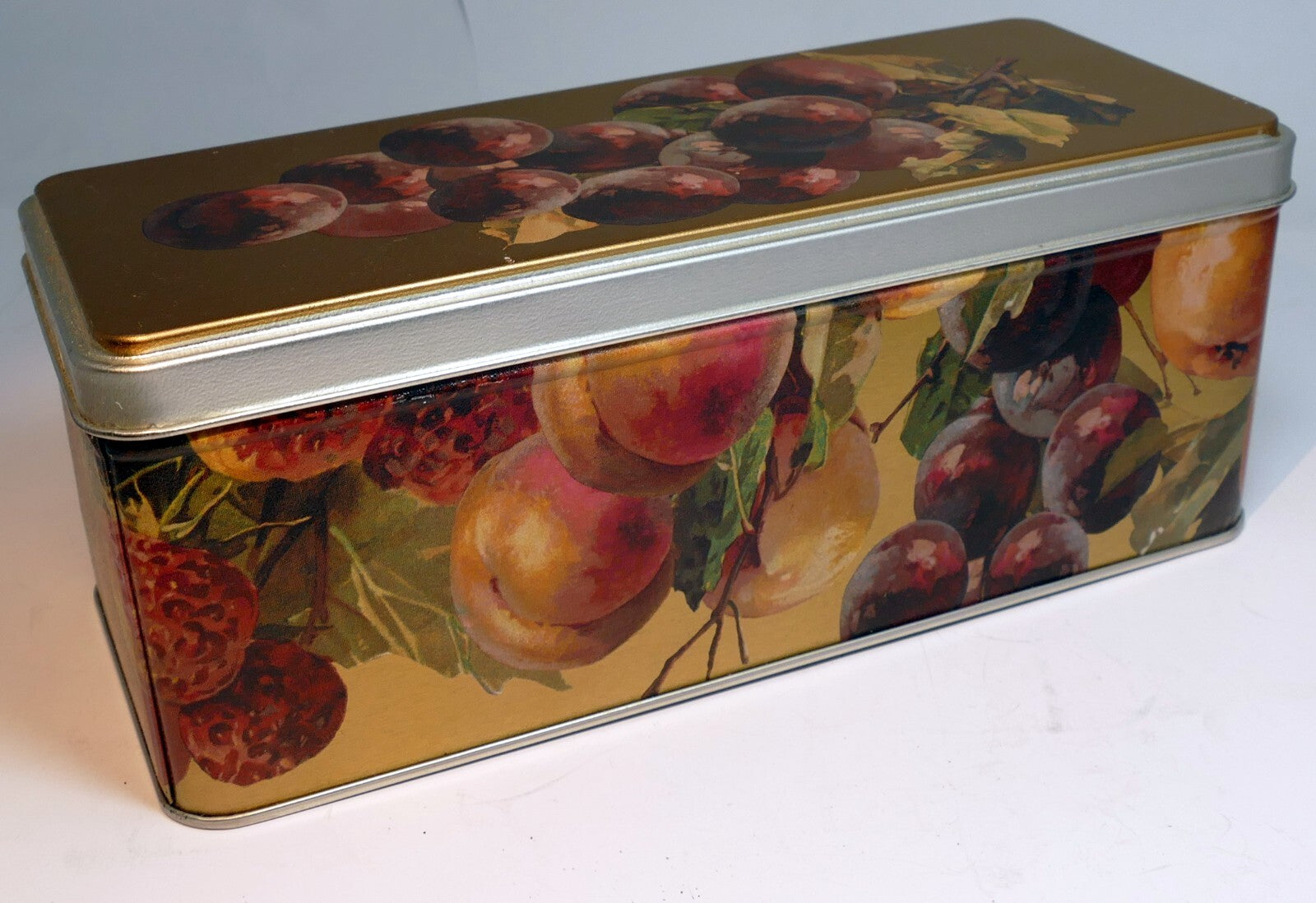 Rectangle tin metal with grapes fruit plums strawberries