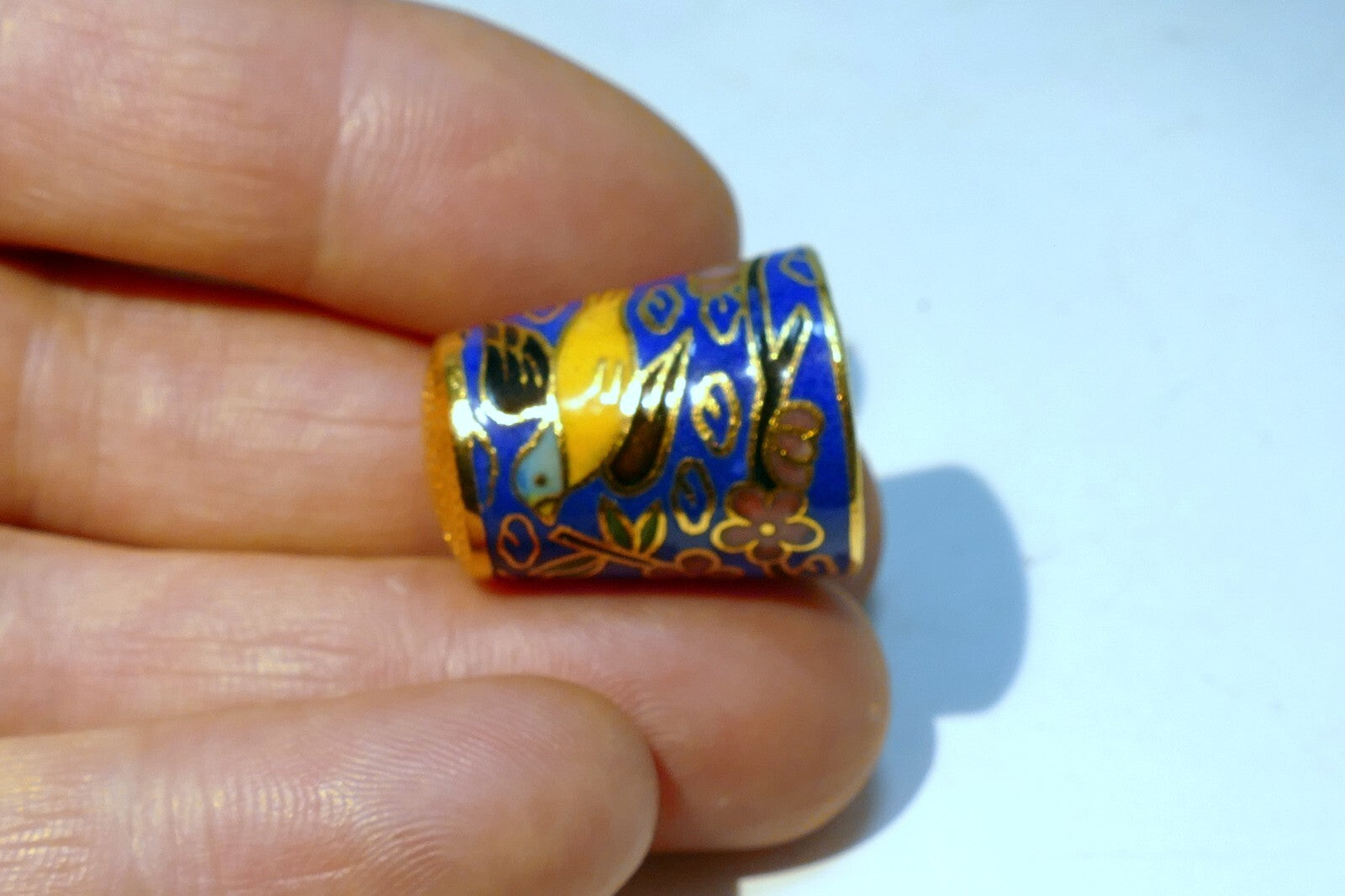 Thimble Souvenir Blue Yellow Bird Floral metal  Cloisonne Brass