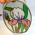 Garden iris flowers stained glass suncatcher 5" oval hanging sun catcher
