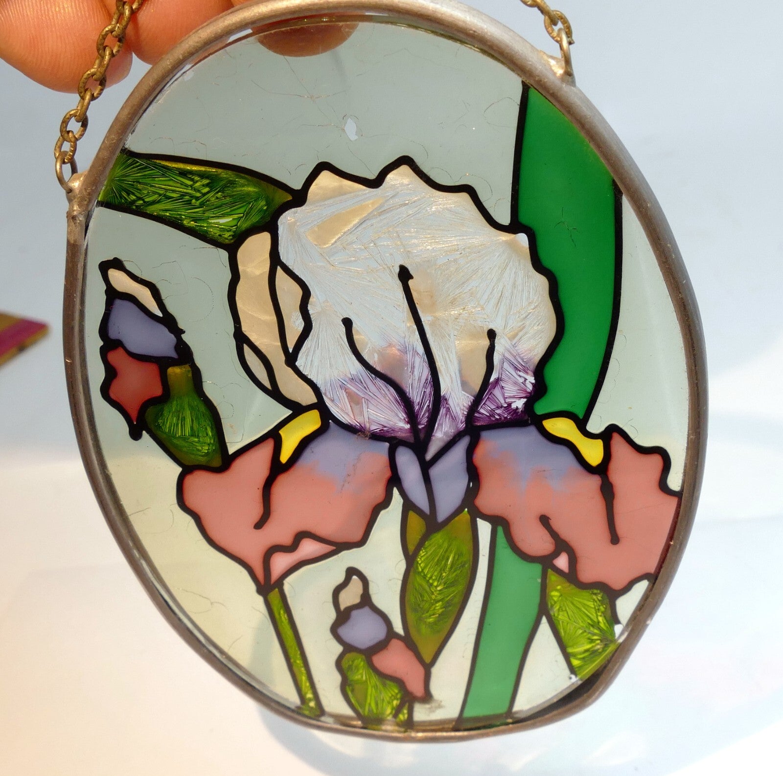 Garden iris flowers stained glass suncatcher 5" oval hanging sun catcher