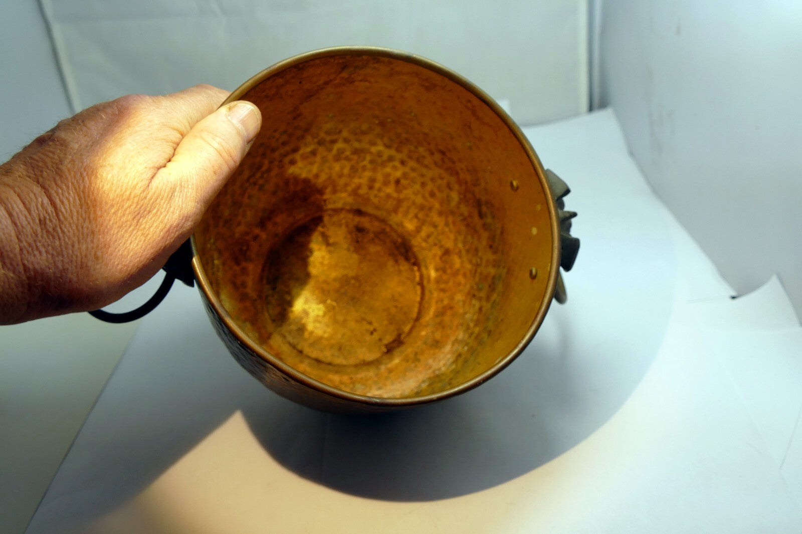 Brass Gold Colored Spittoon Hong Kong Lion 5.5" Hand Hammered Fu Dogs Head