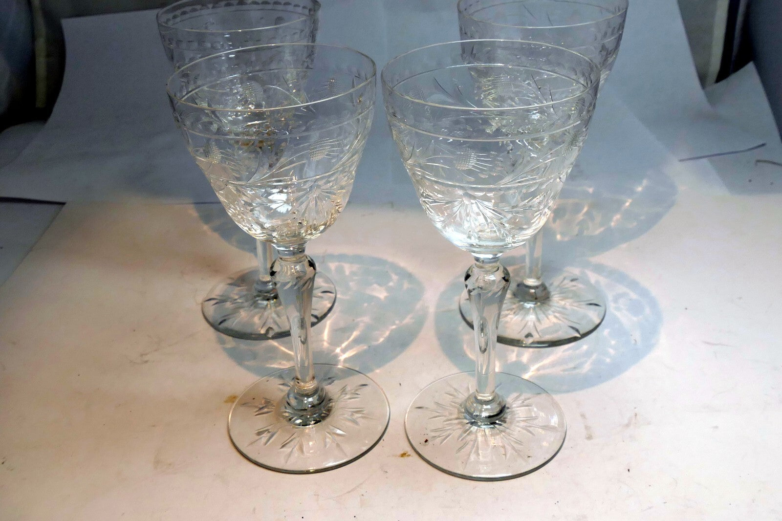 QUEEN'S Anne Lace Bohemian Wine Stem Glass Clear Cut Etched set of 4 Goblets