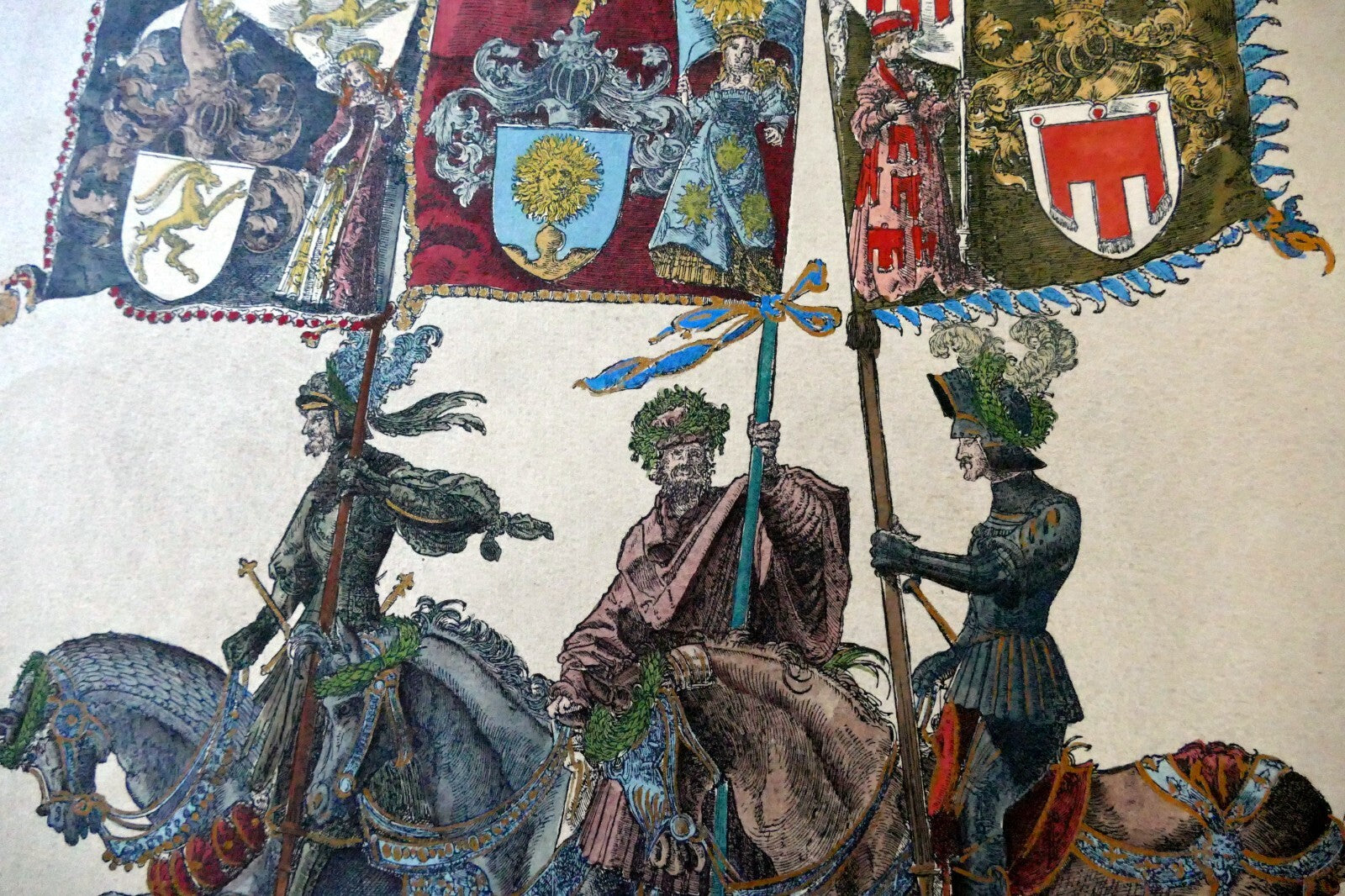Knight flag bearer hand colored engraving large 21x24"