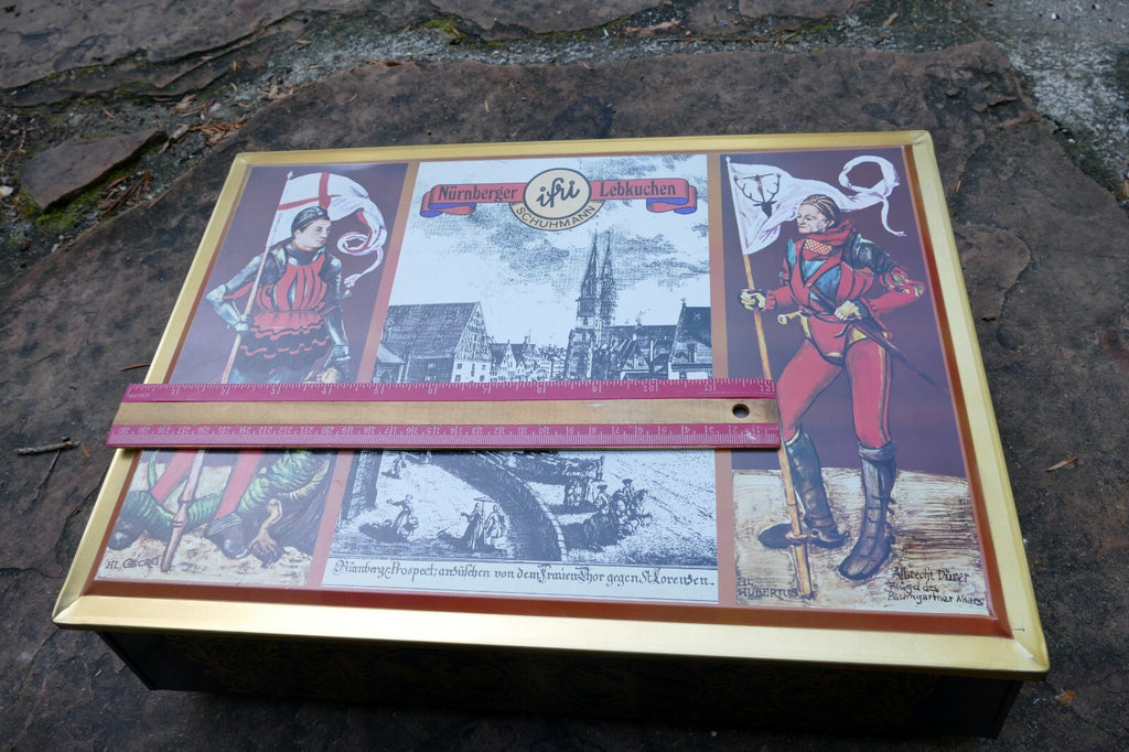 German Tin Box Schumann Nürnberger Burg Lebkuchen 12X15X5" large knight metal