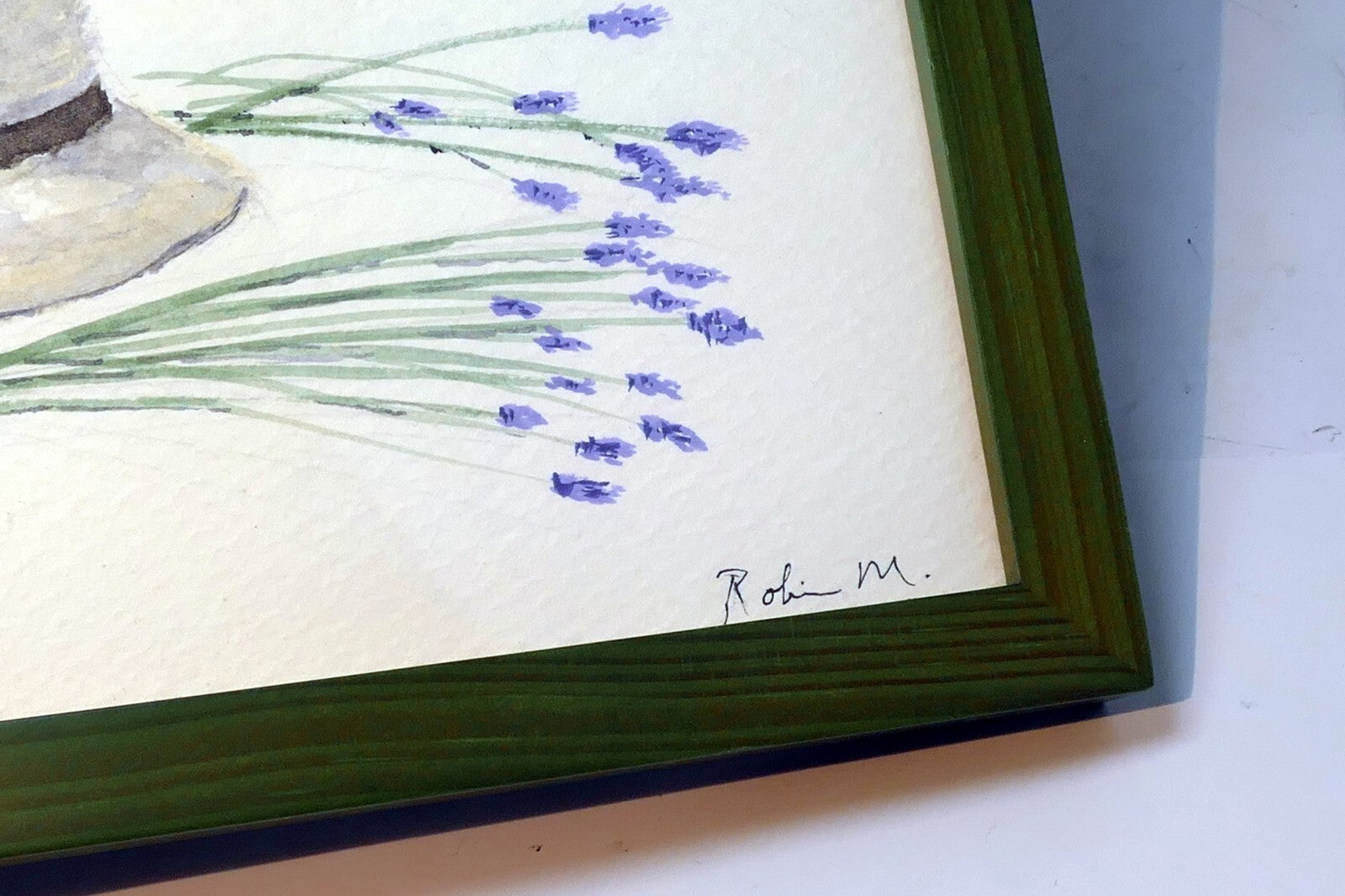 watercolor painting Straw Hat with Lavender Signed By Robin M.