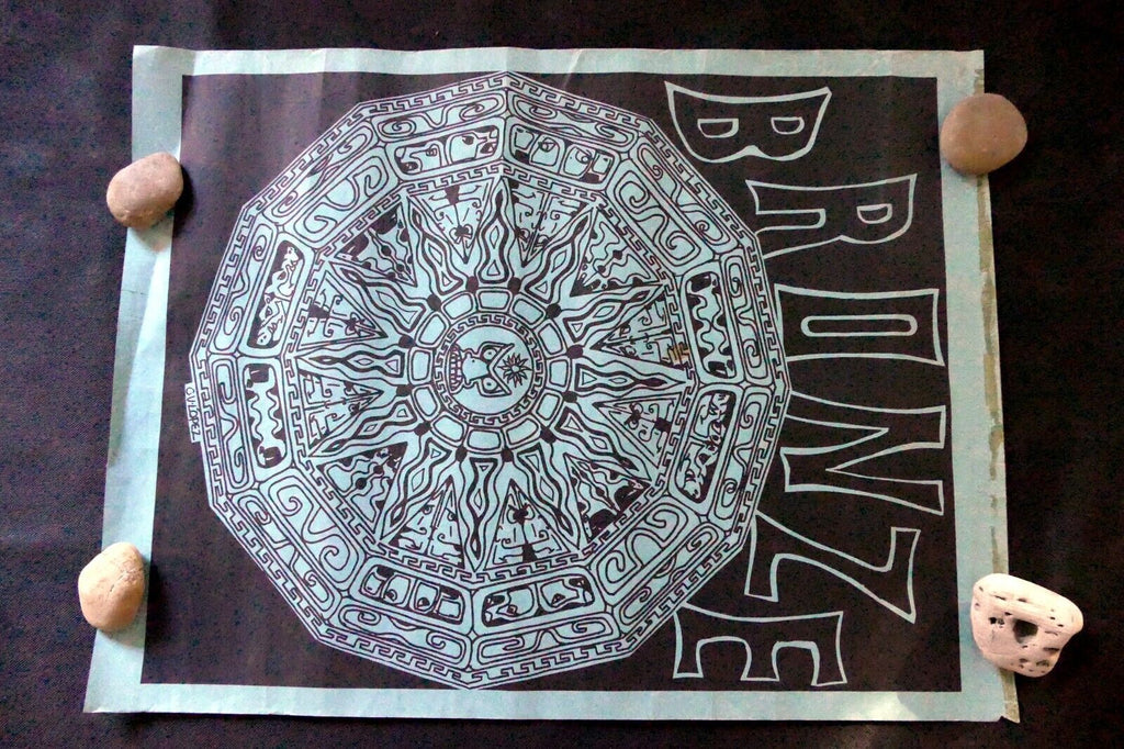 "BRONZE" Aztec Calendar Poster 19X25" art  by Lopez, San Francisco Play LA RAZA