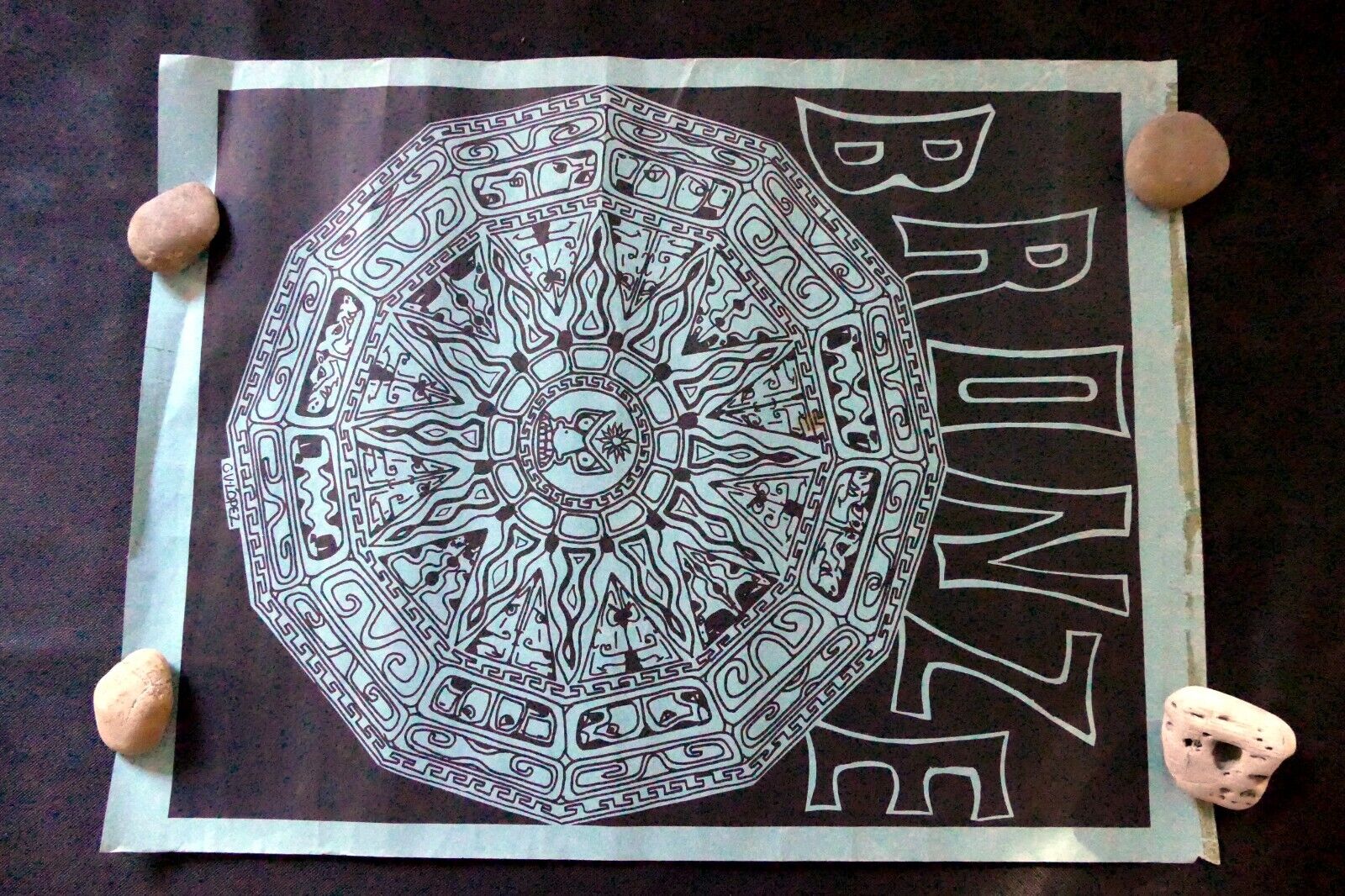 "BRONZE" Aztec Calendar Poster 19X25" art  by Lopez, San Francisco Play LA RAZA