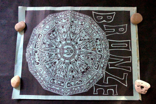 "BRONZE" Aztec Calendar Poster 19X25" art  by Lopez, San Francisco Play LA RAZA