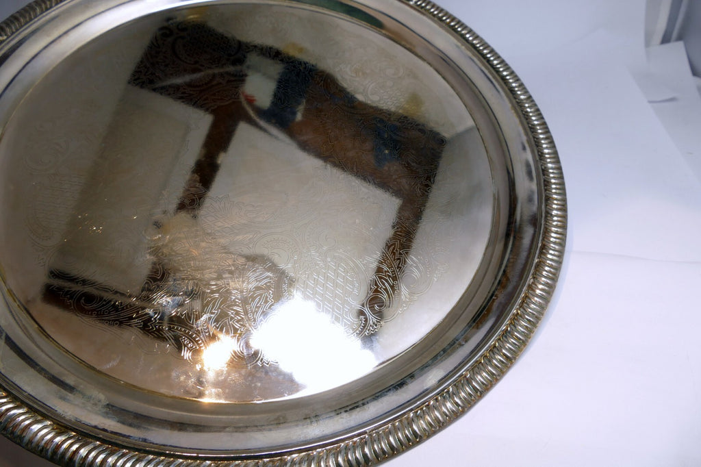 12" Silverplate Round Etched Serving Tray Food Platter Plate Silver Plated Plate