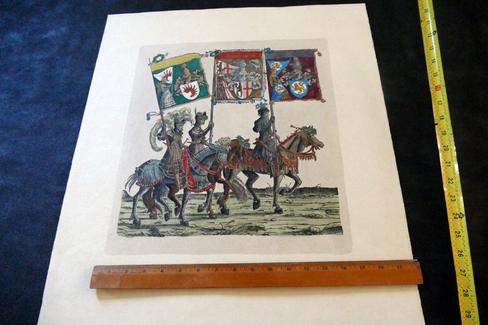 KNIGHT Flag Bearer HAND COLORED ENGRAVING large 21X24"