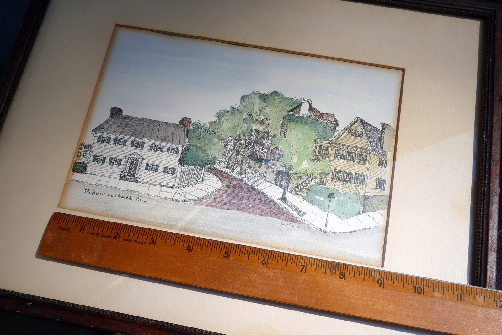 Jessie Edwards - signed, framed watercolor print "The Bend on Church Street"