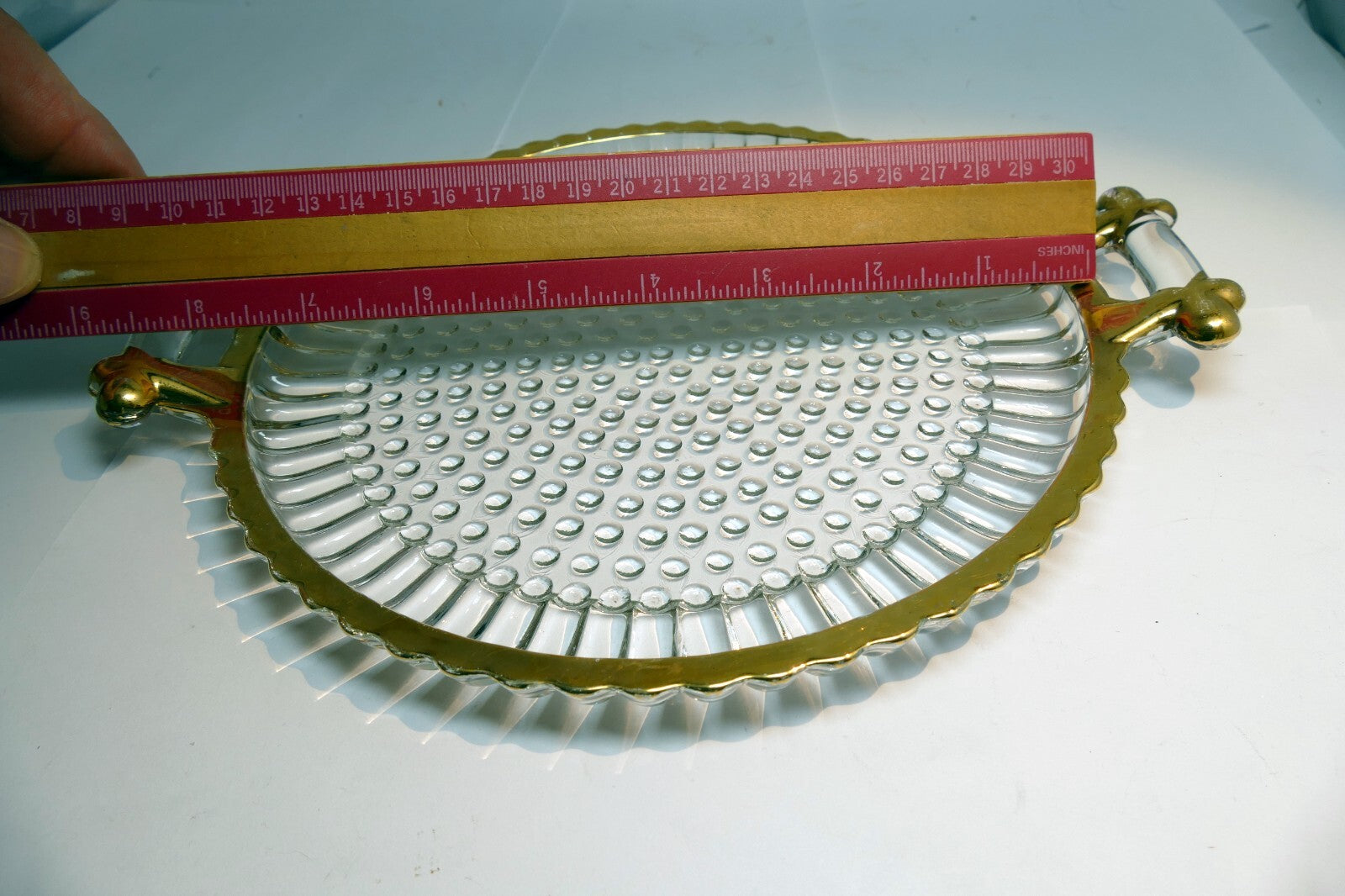 Beveled Glass Candle Holder Plate 8" Round with golden rim two handles