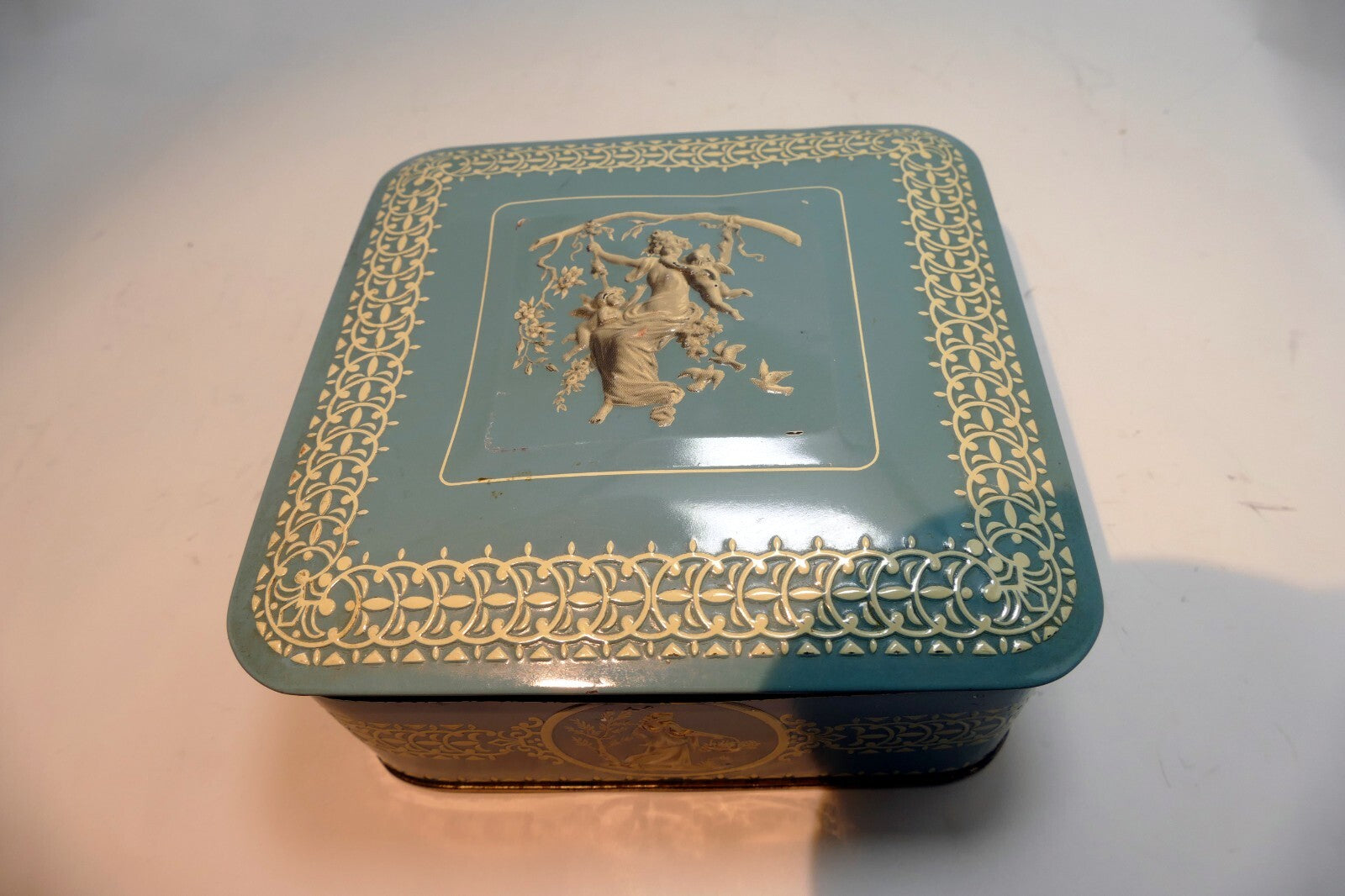 Wedgewood-Style Candy Tin Made in Holland blue teal white  girl with cherubs