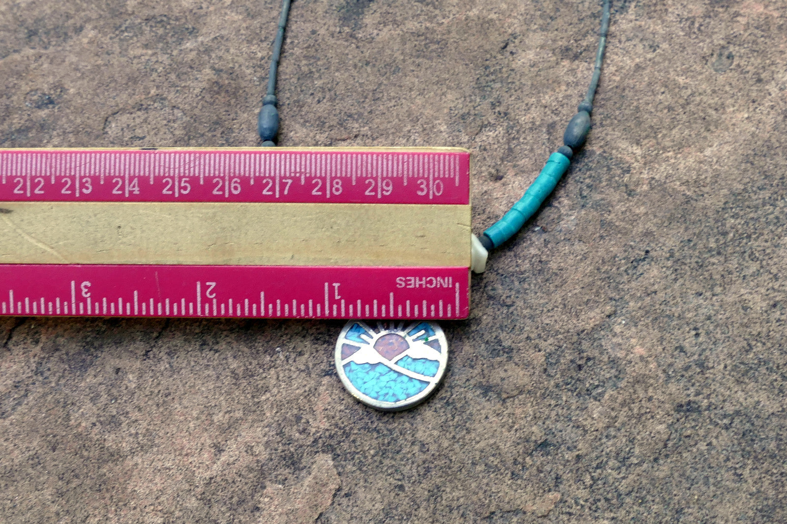 Sunrise Brooch Necklace With Inlaid Blue and Red Stones Crushed Tourquise Navajo