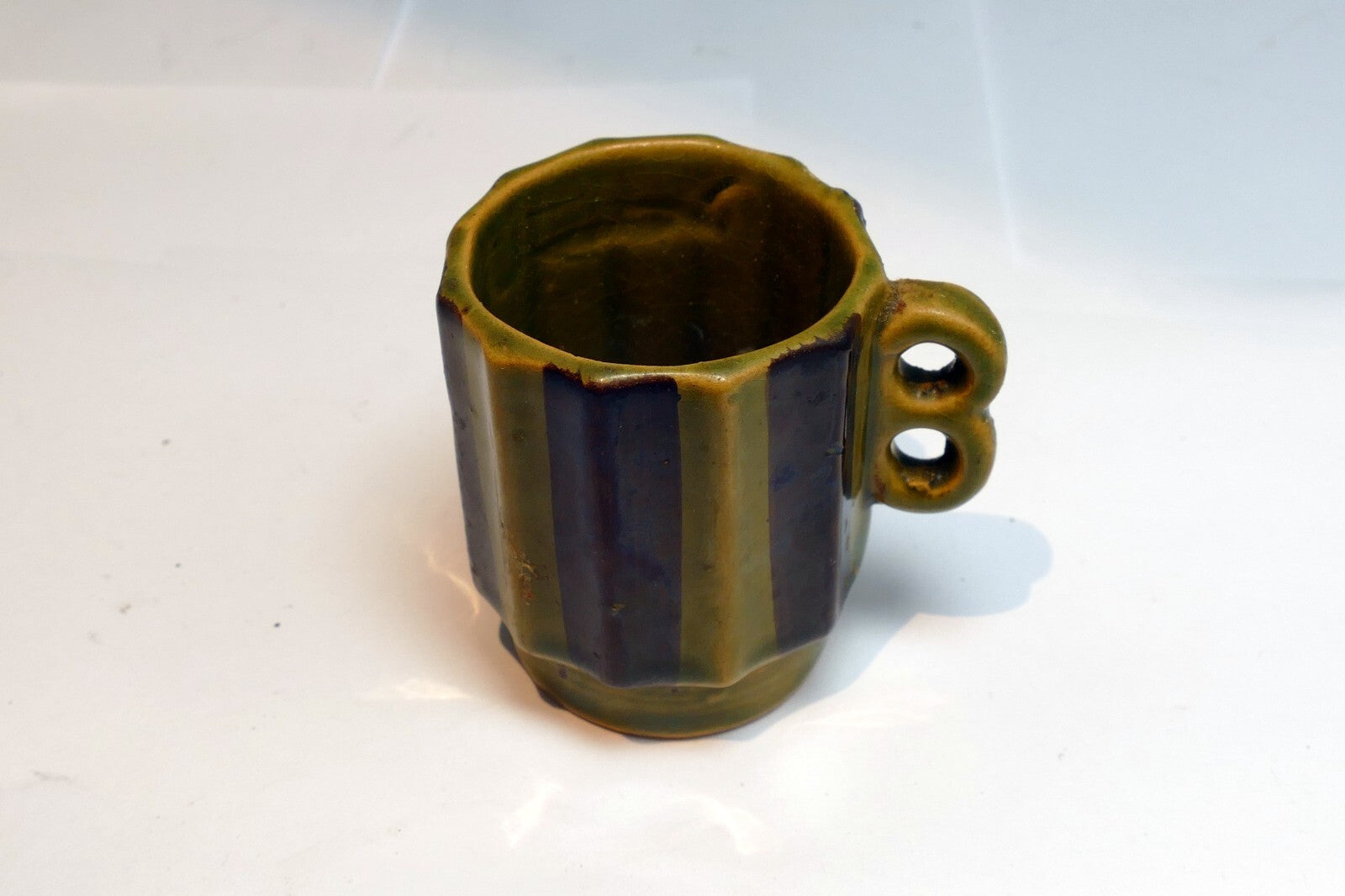 Green Japanese Stacking Double-Handled Coffee/Tea Cup Lines small 2" green brown