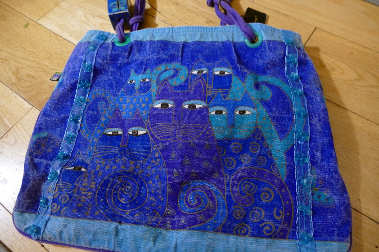 Laurel Burch Shoulder ZIPPER Top Feline Cat Friend metallic Blue Purple Handbag