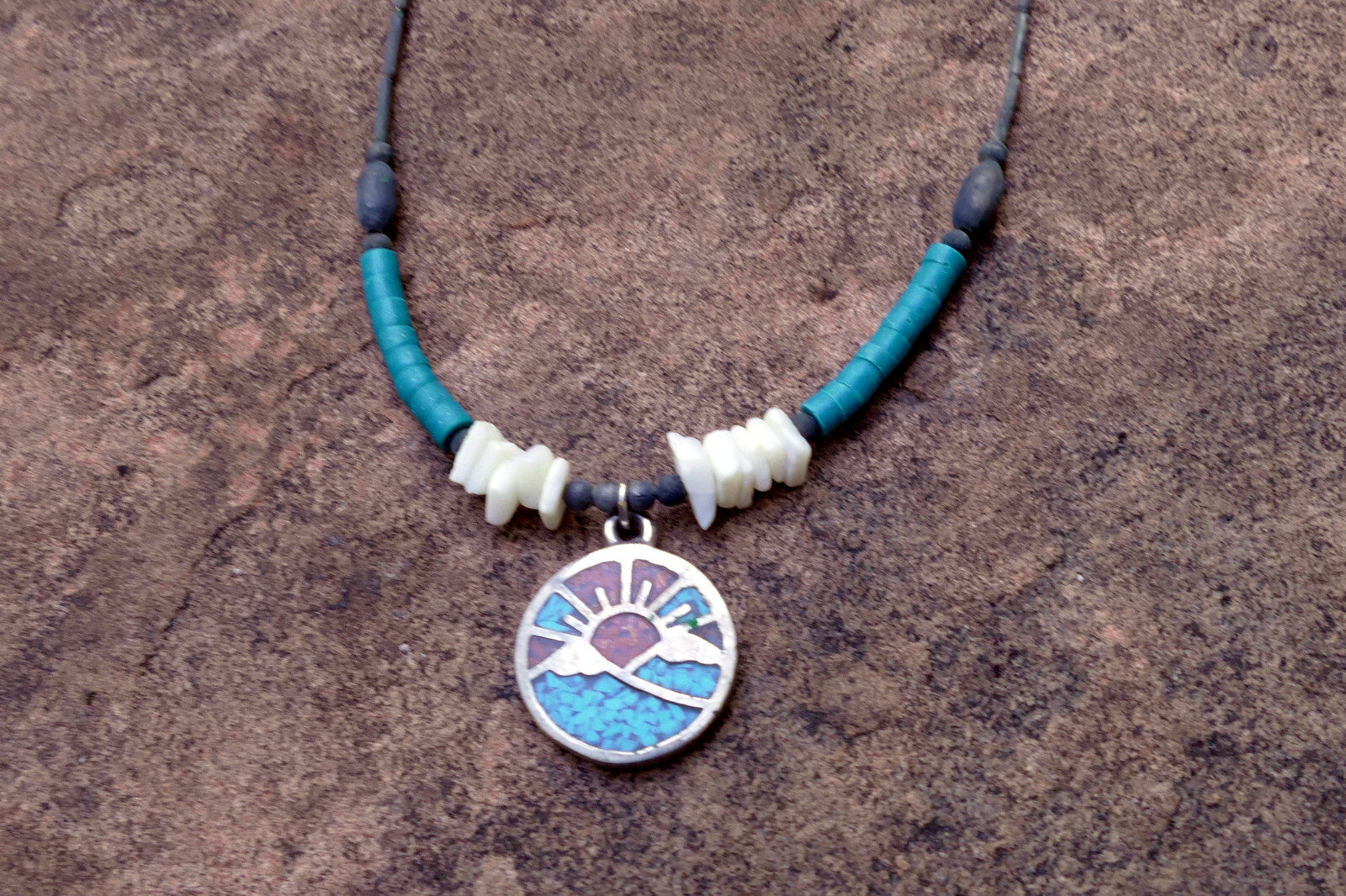 Sunrise Brooch Necklace With Inlaid Blue and Red Stones Crushed Tourquise Navajo