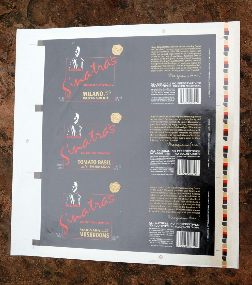 Rare un used 1989 sugo da tavola frank sinatra's pasta sauce label   set of 3