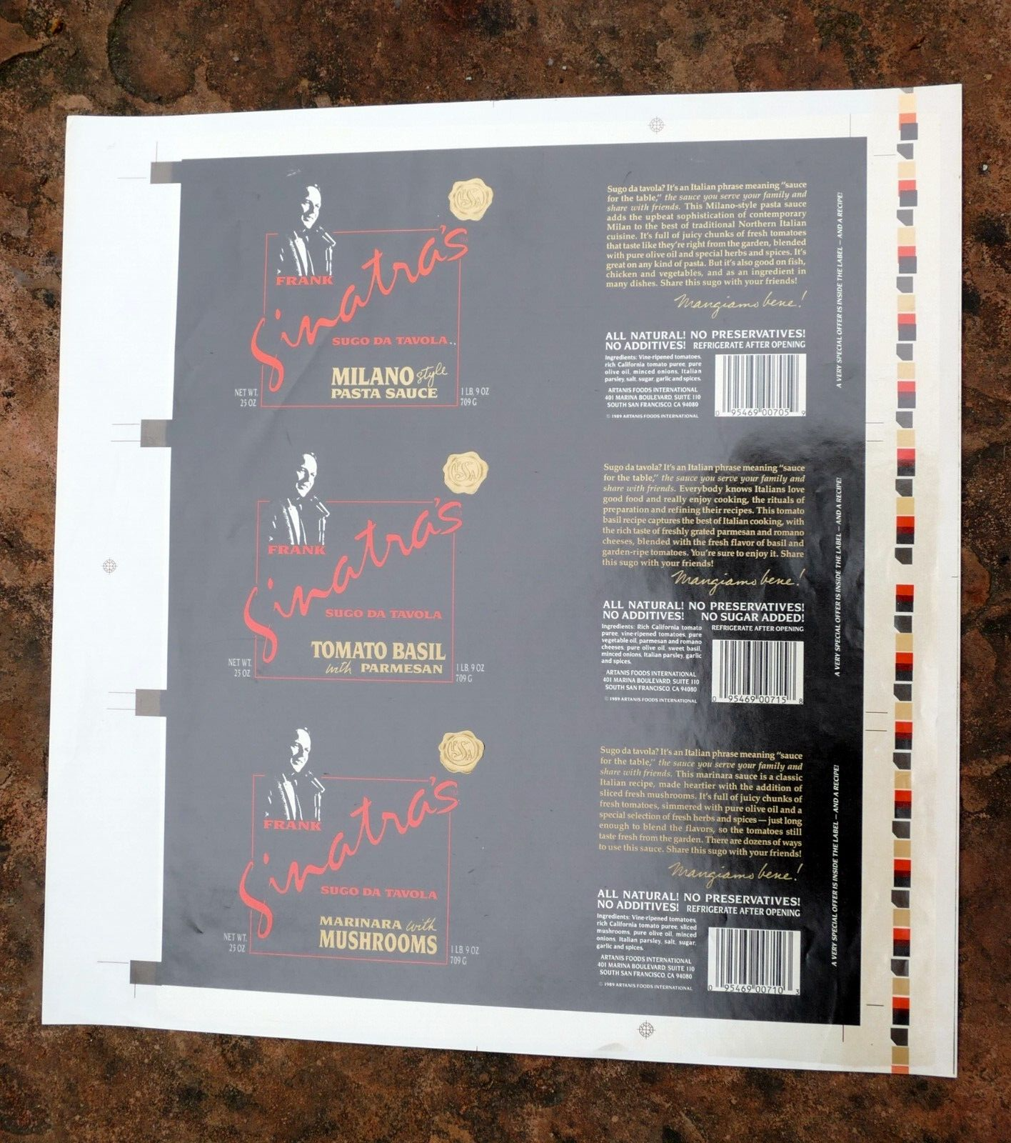 Rare un used 1989 sugo da tavola frank sinatra's pasta sauce label   set of 3