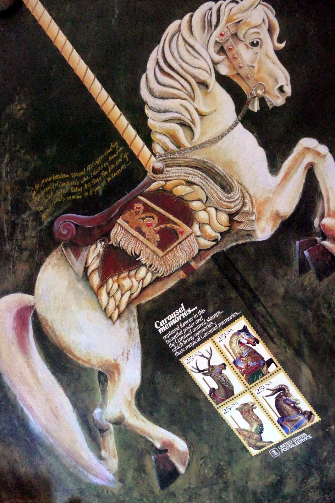 Usps carousel memories horse pony stamp advertisement poster 1988 vintage usa