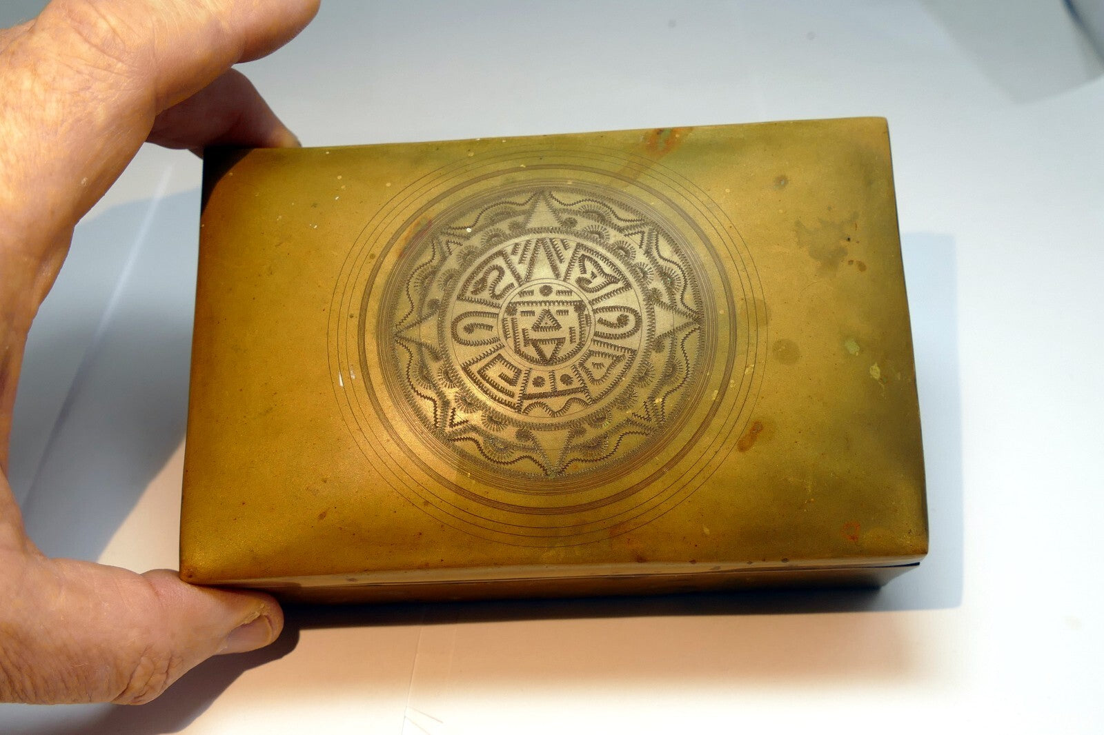 BRONZE AND WOOD TRINKET BOX INDIAN Native Inuit Sun god antique vintage