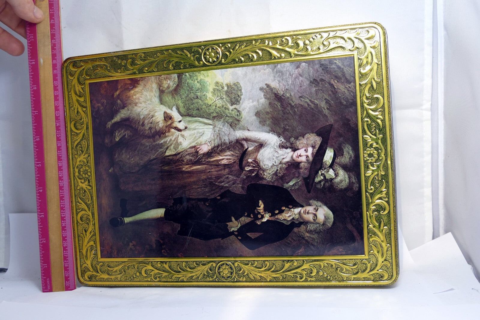 KALAR STRUDEL DECORATIVE TIN VICTORIAN COUPLE WITH DOG WALK 9X12" large