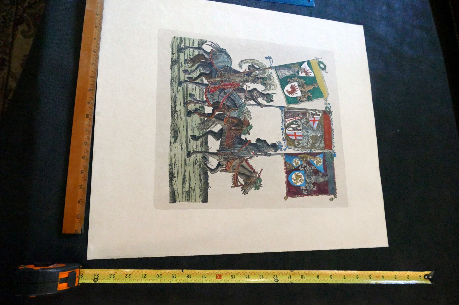 KNIGHT Flag Bearer HAND COLORED ENGRAVING large 21X24"